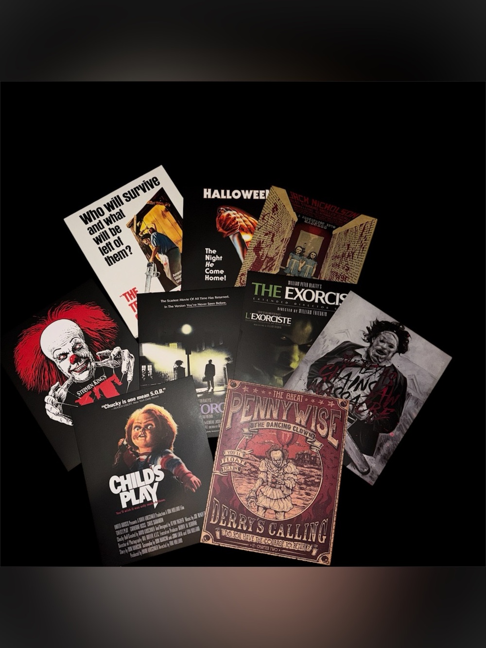 9 Vintage 80s Horror Movie Print set, thick paper, 8x10 chucky, pennywise etc